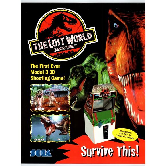 Jurassic Park The Lost World Video Arcade Game Flyer Original 2 Sides 8.5" x 11" - Picture 1 of 2